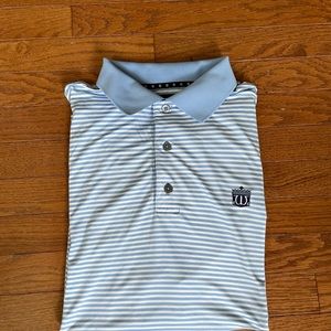 Footjoy Blue White Stripe Polo Golf Shirt ~ Can you name the club logo? ~ M